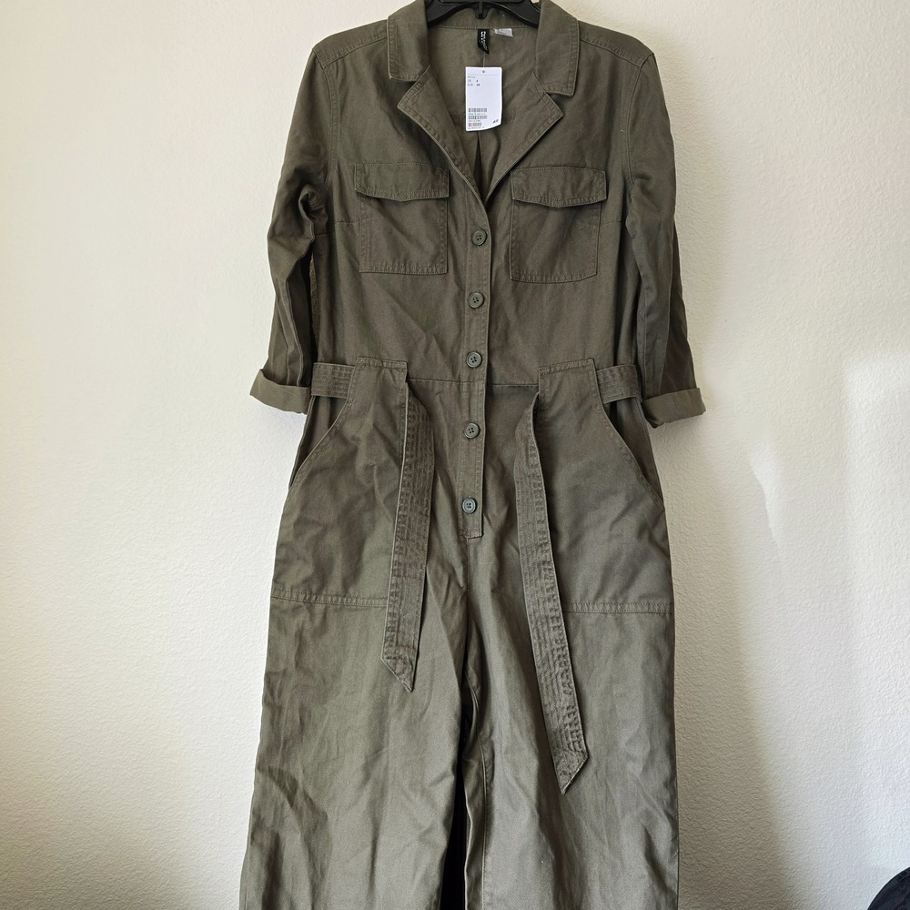NWT H&M Coverall Utility Jumpsuit Women Sz 6 Cotton Olive Green Barn Chore Work